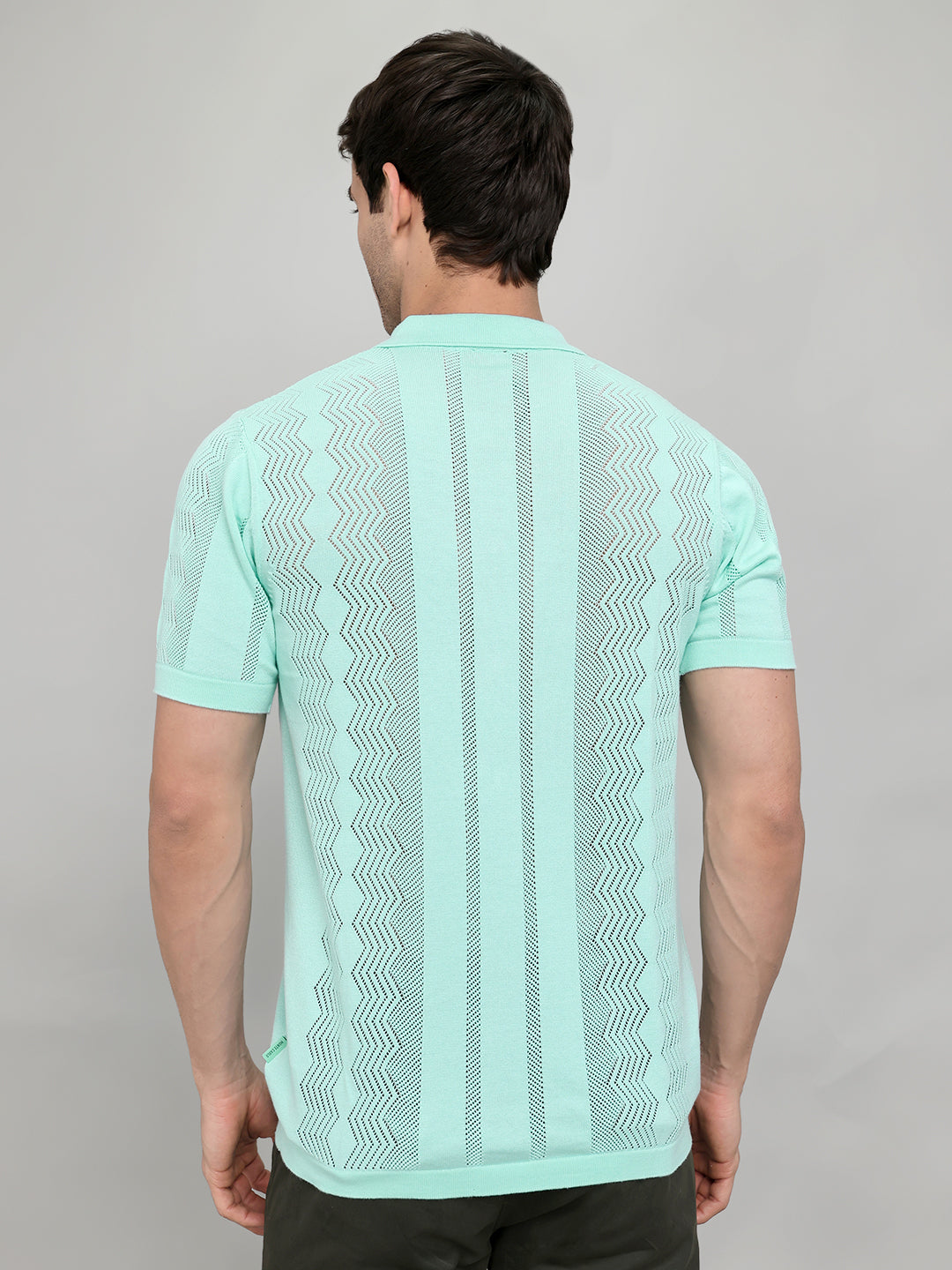 Men Sea Green Self Design Collar Half Sleeve Shirt