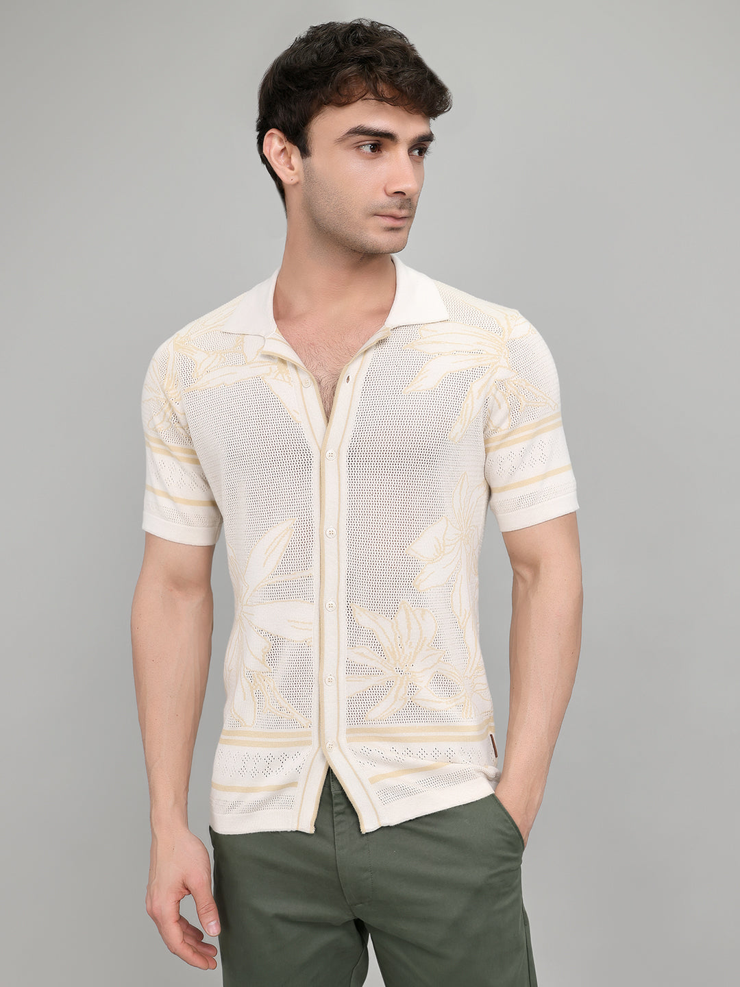 Men Beige Designer Collar Half Sleeve Knitted Shirt