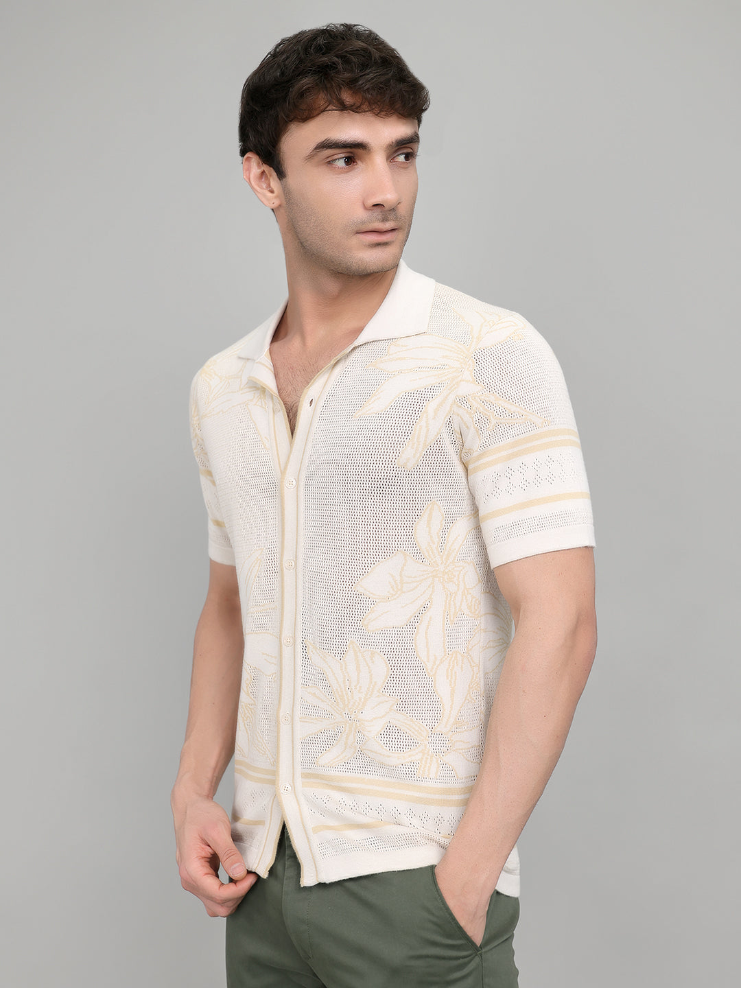 Men Beige Designer Collar Half Sleeve Knitted Shirt