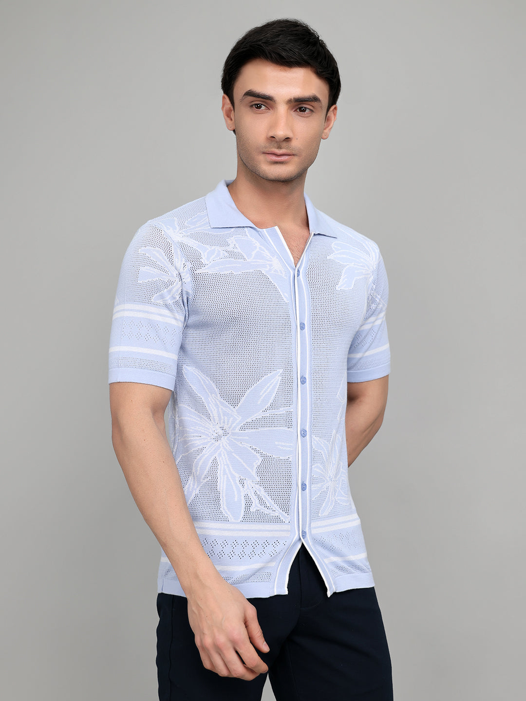 Men Light Blue Designer Collar Half Sleeve Knitted Shirt