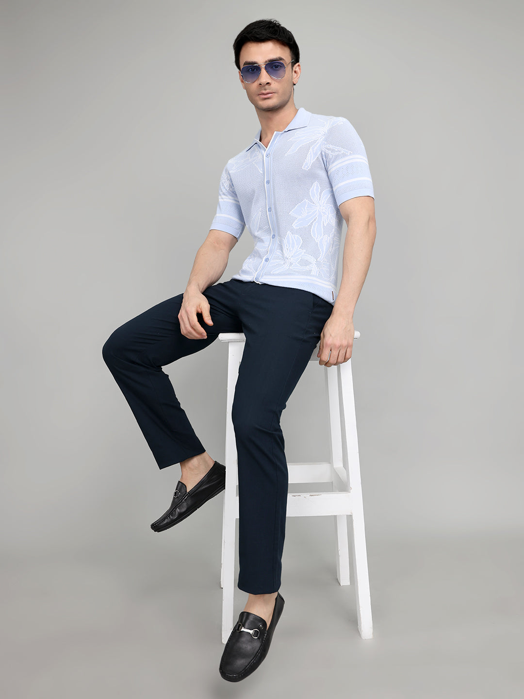 Men Light Blue Designer Collar Half Sleeve Knitted Shirt