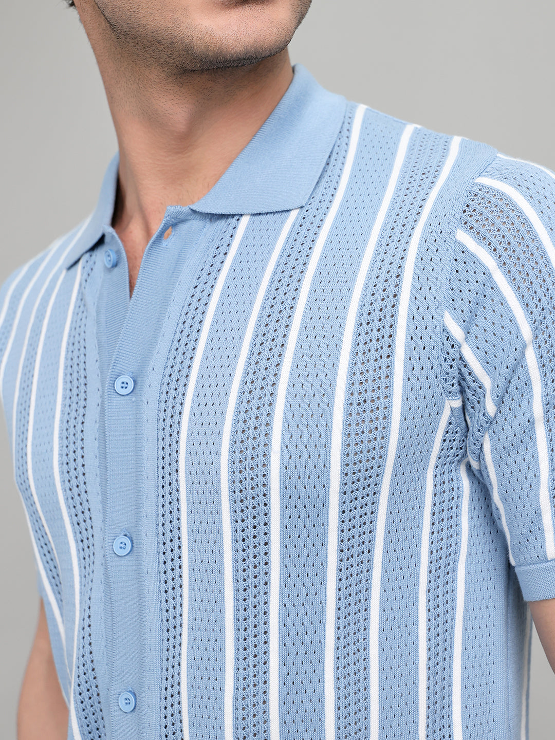 Men Light Blue Self Design Collar Half Sleeve Shirt