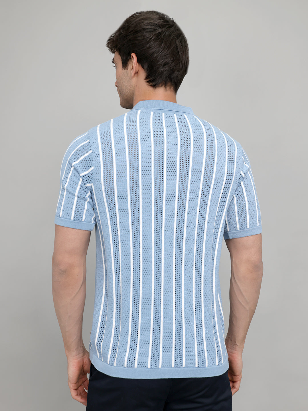 Men Light Blue Self Design Collar Half Sleeve Shirt
