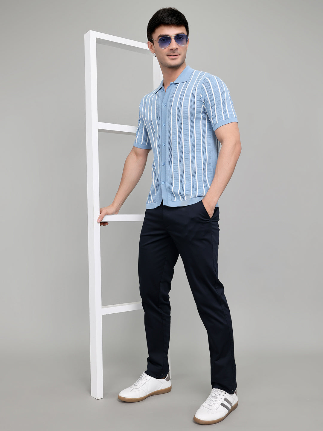 Men Light Blue Self Design Collar Half Sleeve Shirt