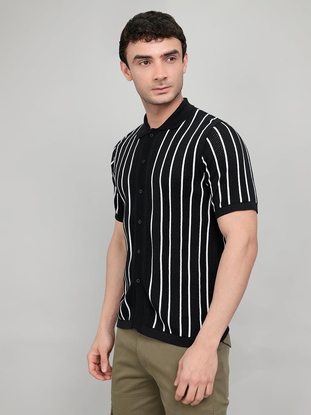 Men Black Self Design Collar Half Sleeve Shirt