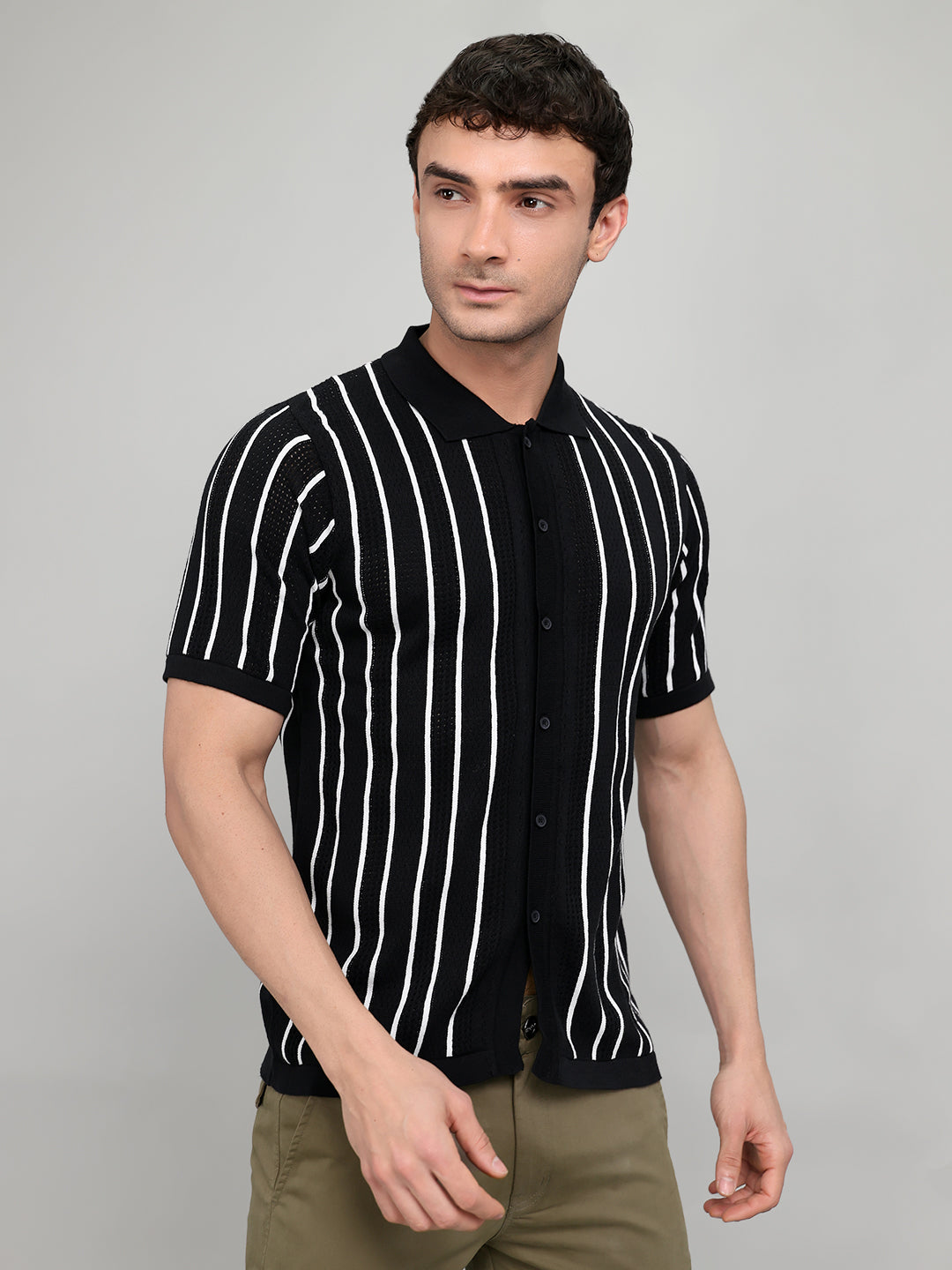 Men Black Self Design Collar Half Sleeve Shirt