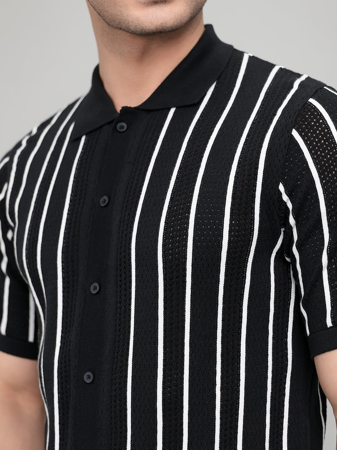 Men Black Self Design Collar Half Sleeve Shirt