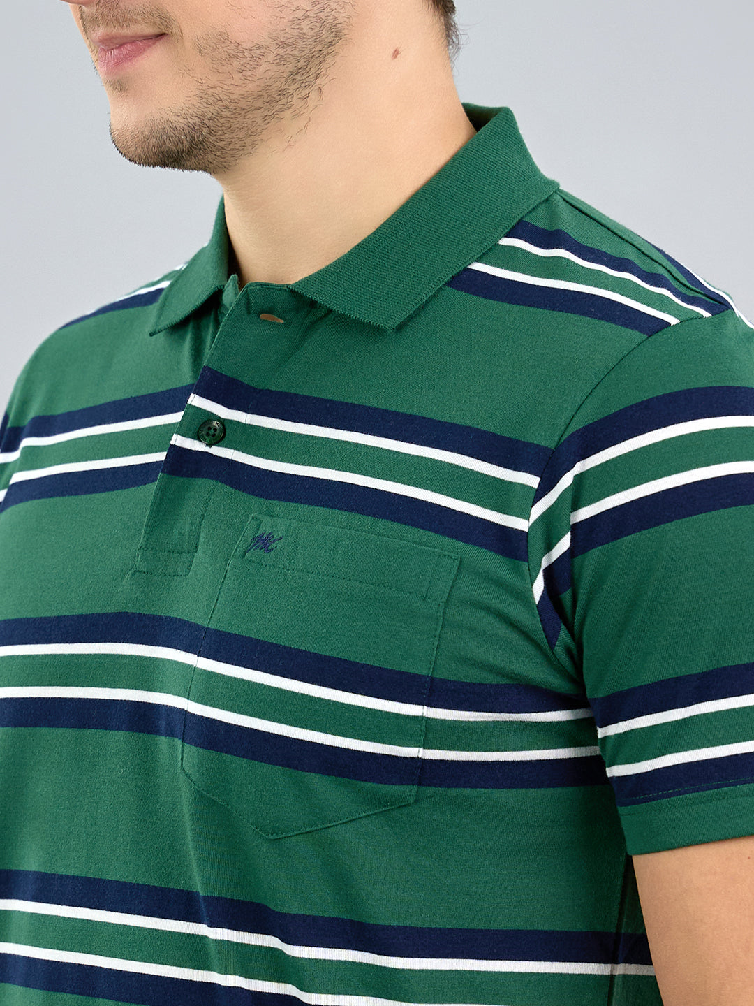 Men Green Stripe Polo Collar Half Sleeve T-Shirt