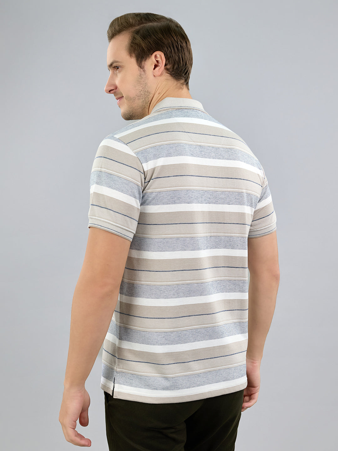 Men Grey Stripe Polo Collar Half Sleeve T-Shirt