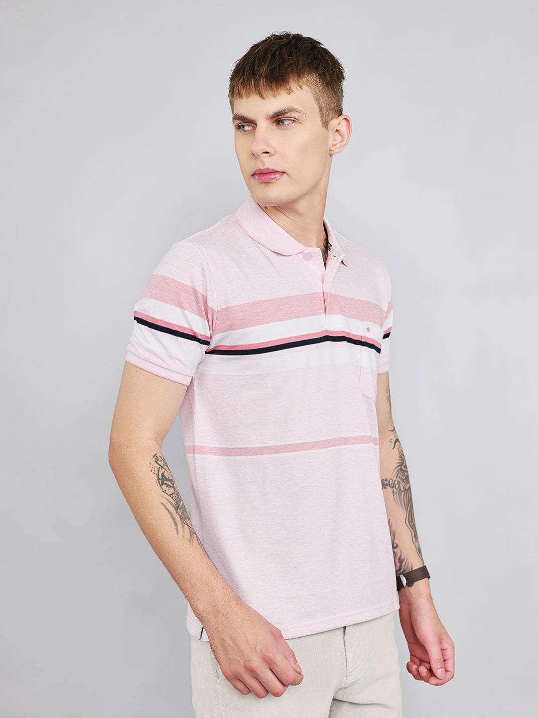 Men Pink Stripe Collar Half Sleeve T-Shirt
