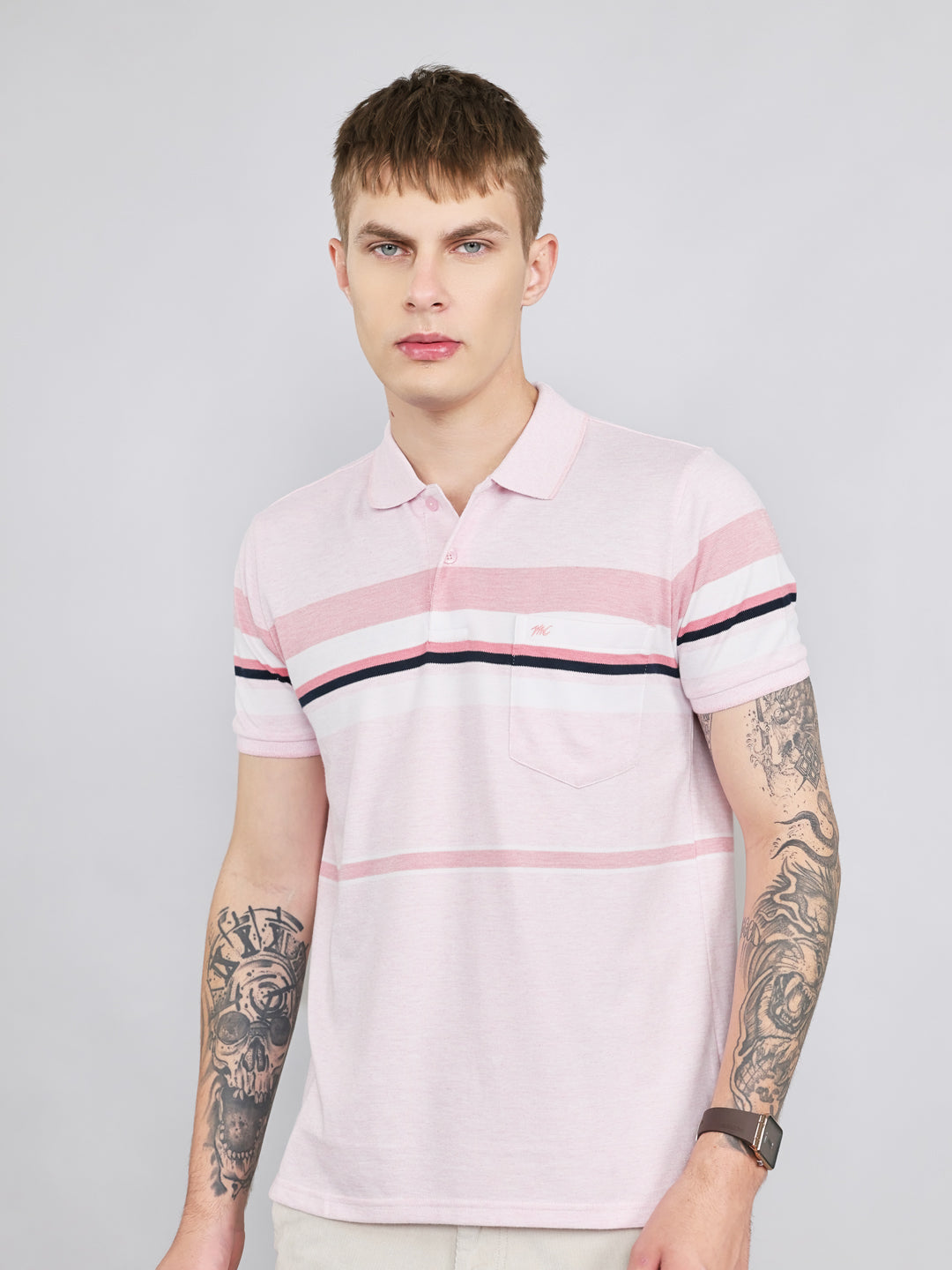 Men Pink Stripe Collar Half Sleeve T-Shirt