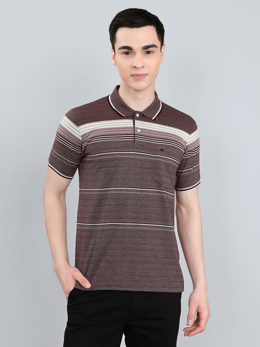 Men Maroon Stripe Collar Half Sleeve T-Shirt