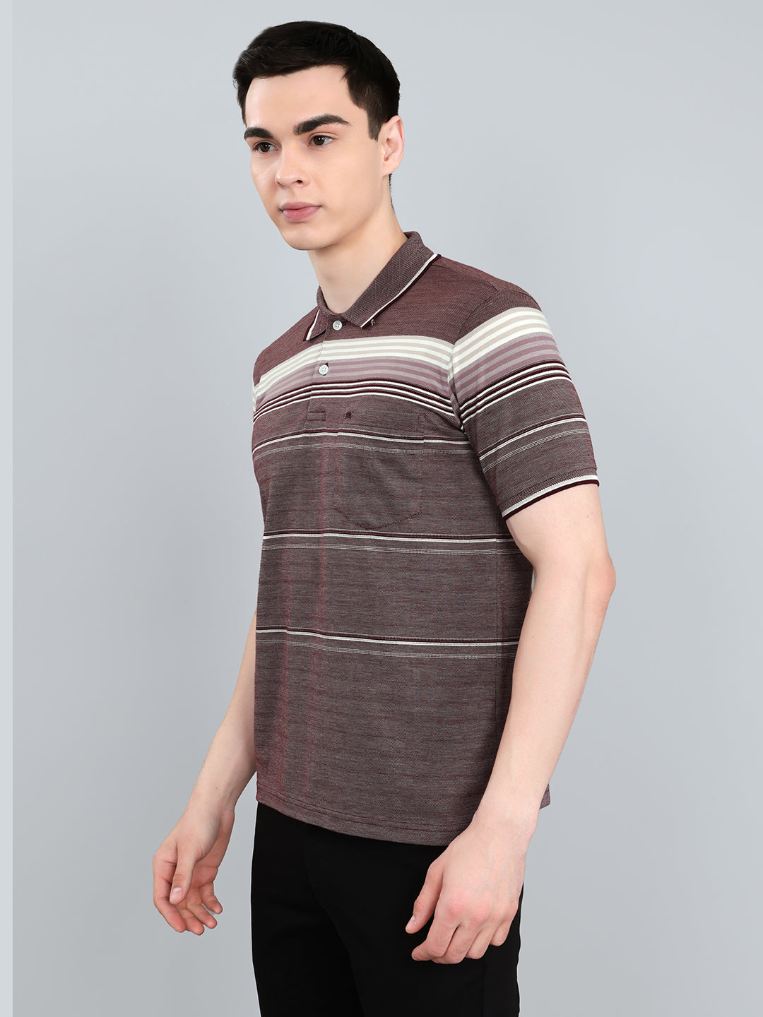 Men Maroon Stripe Collar Half Sleeve T-Shirt