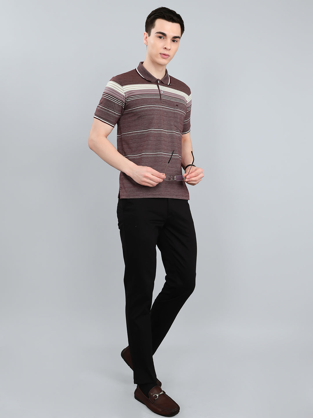 Men Maroon Stripe Collar Half Sleeve T-Shirt