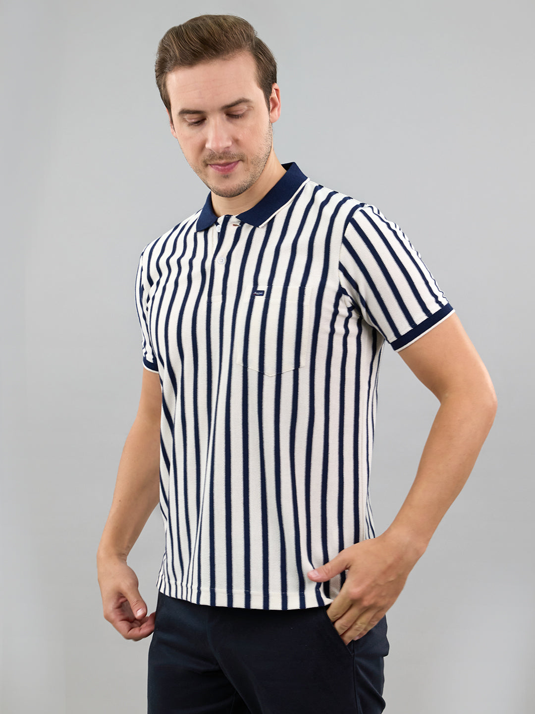 Men Navy Blue Stripe Polo Collar Half Sleeve T-Shirt