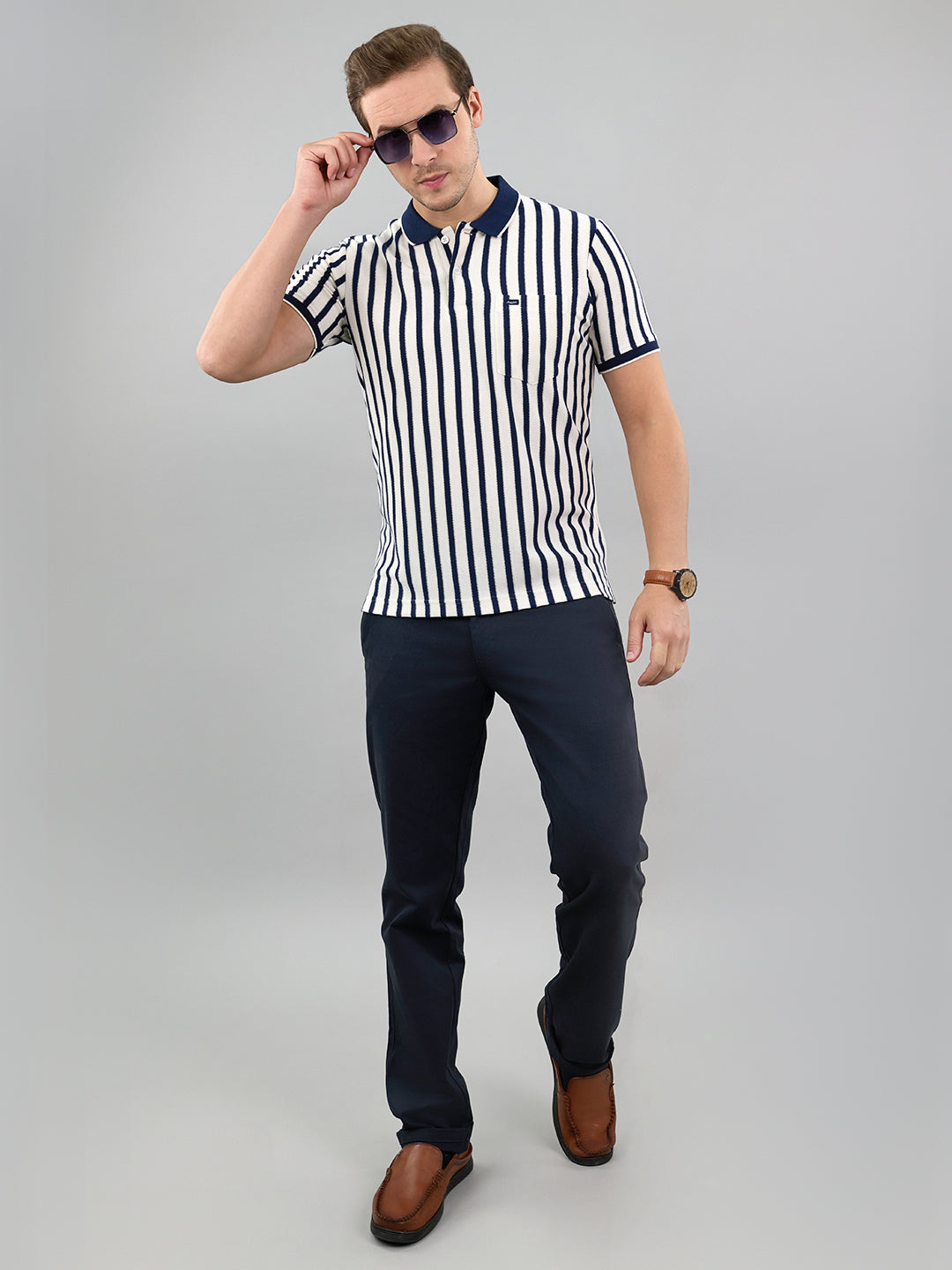 Men Navy Blue Stripe Polo Collar Half Sleeve T-Shirt