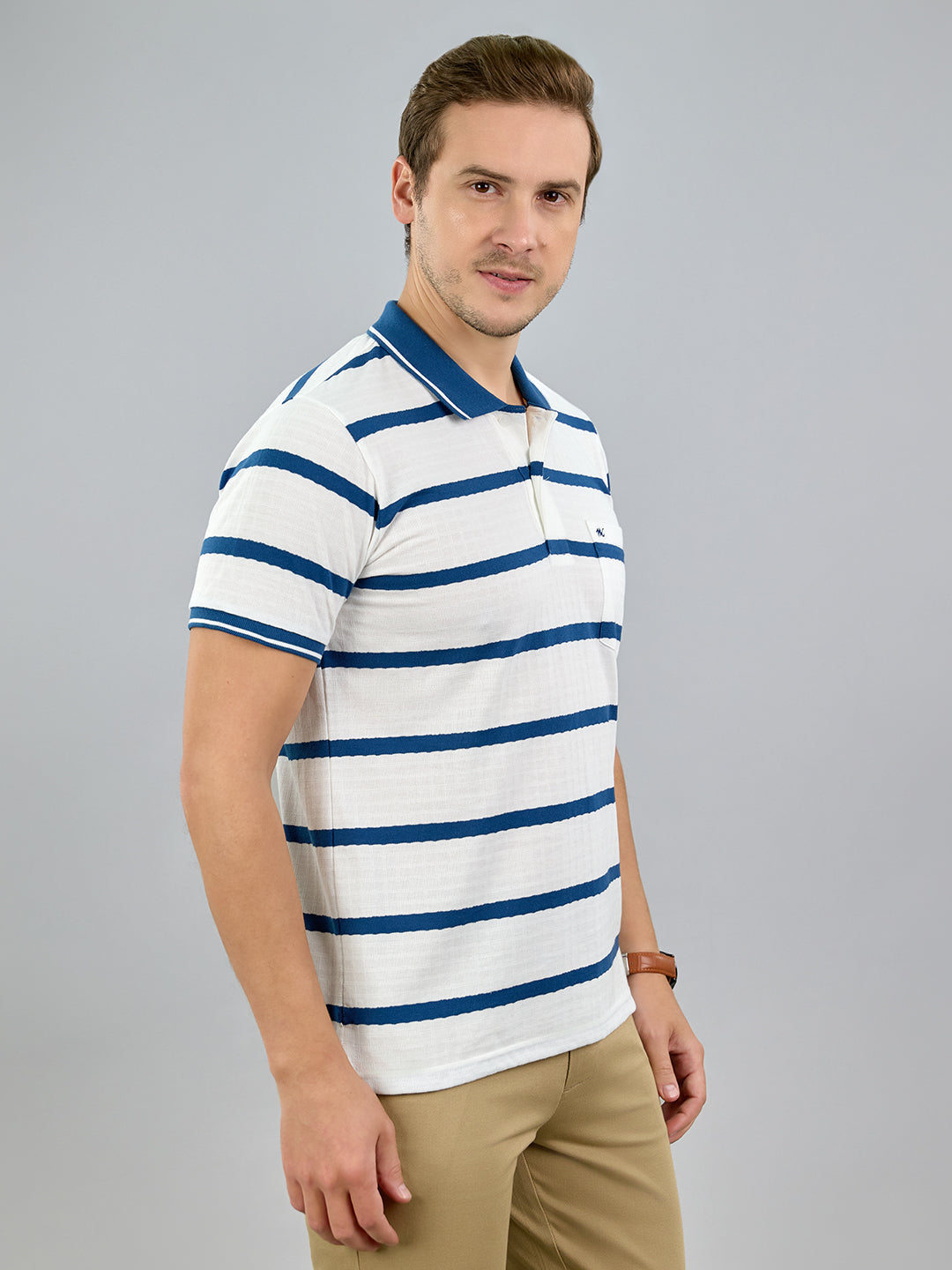 Men White Stripe Polo Collar Half Sleeve T-Shirt