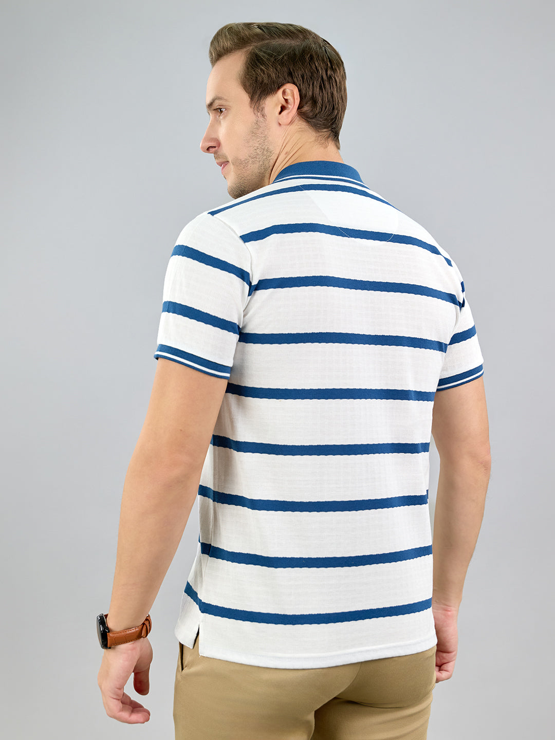 Men White Stripe Polo Collar Half Sleeve T-Shirt