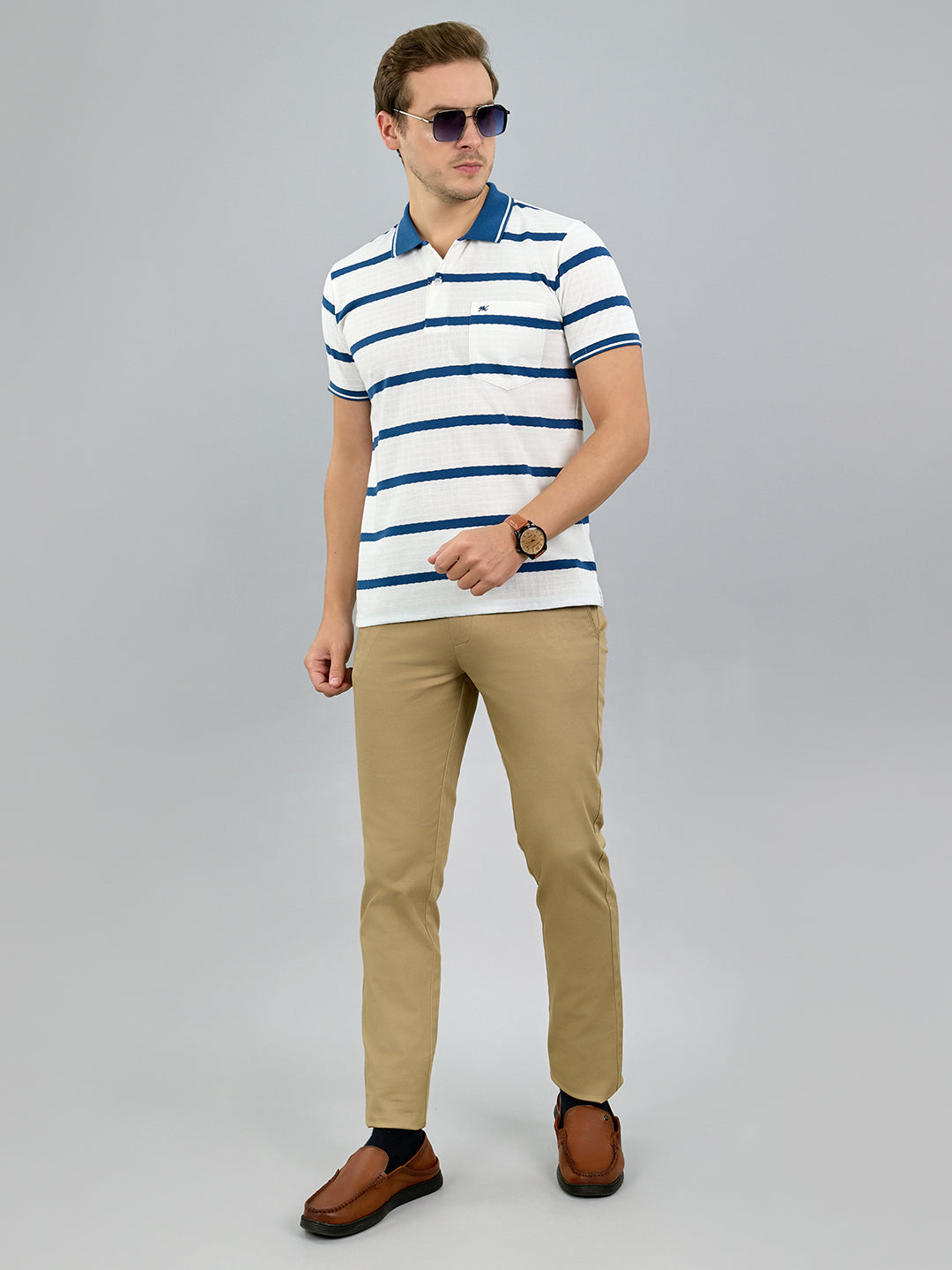 Men White Stripe Polo Collar Half Sleeve T-Shirt