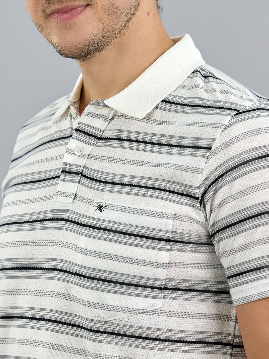 Men White Stripe Polo Collar Half Sleeve T-Shirt