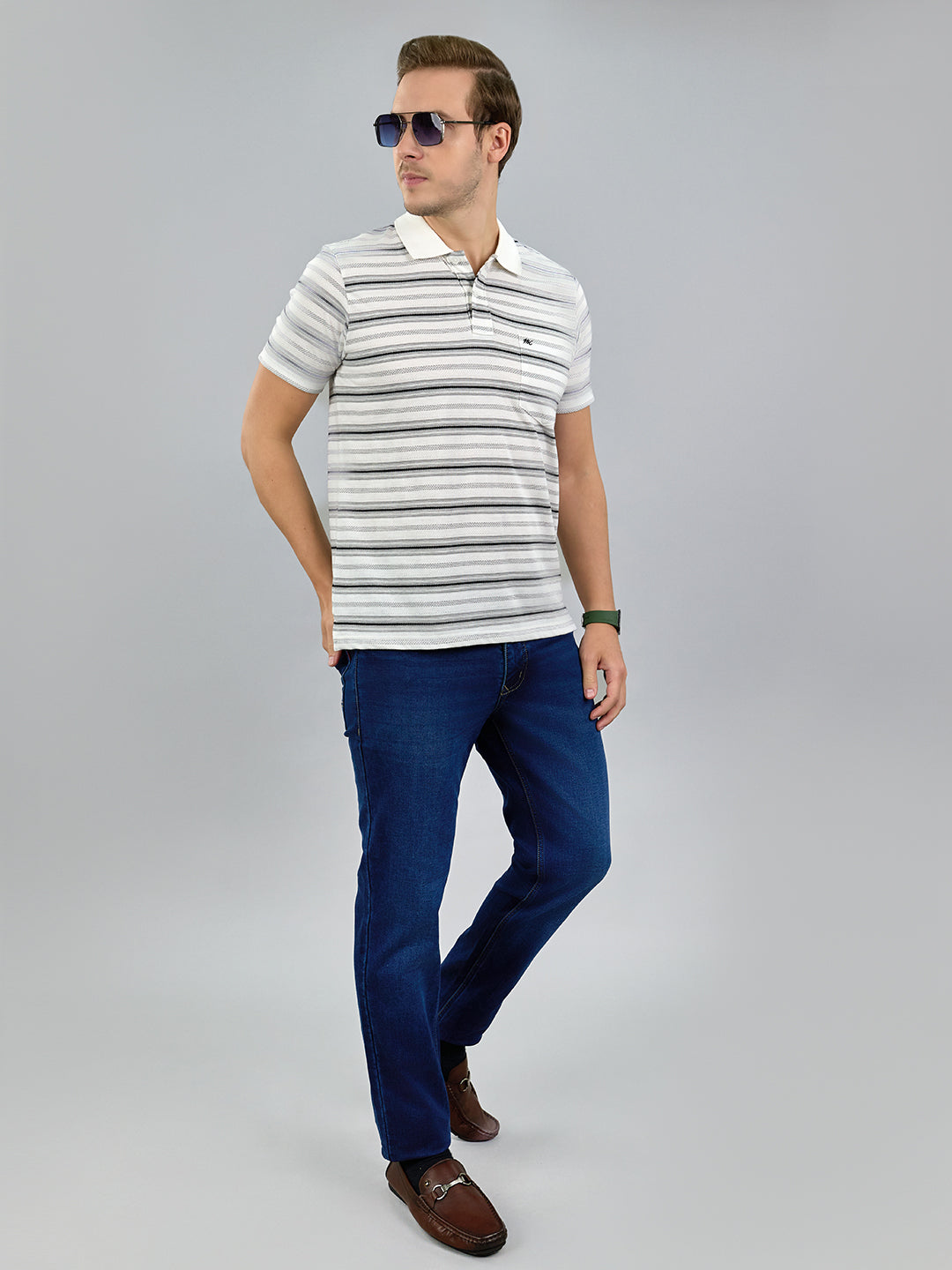 Men White Stripe Polo Collar Half Sleeve T-Shirt