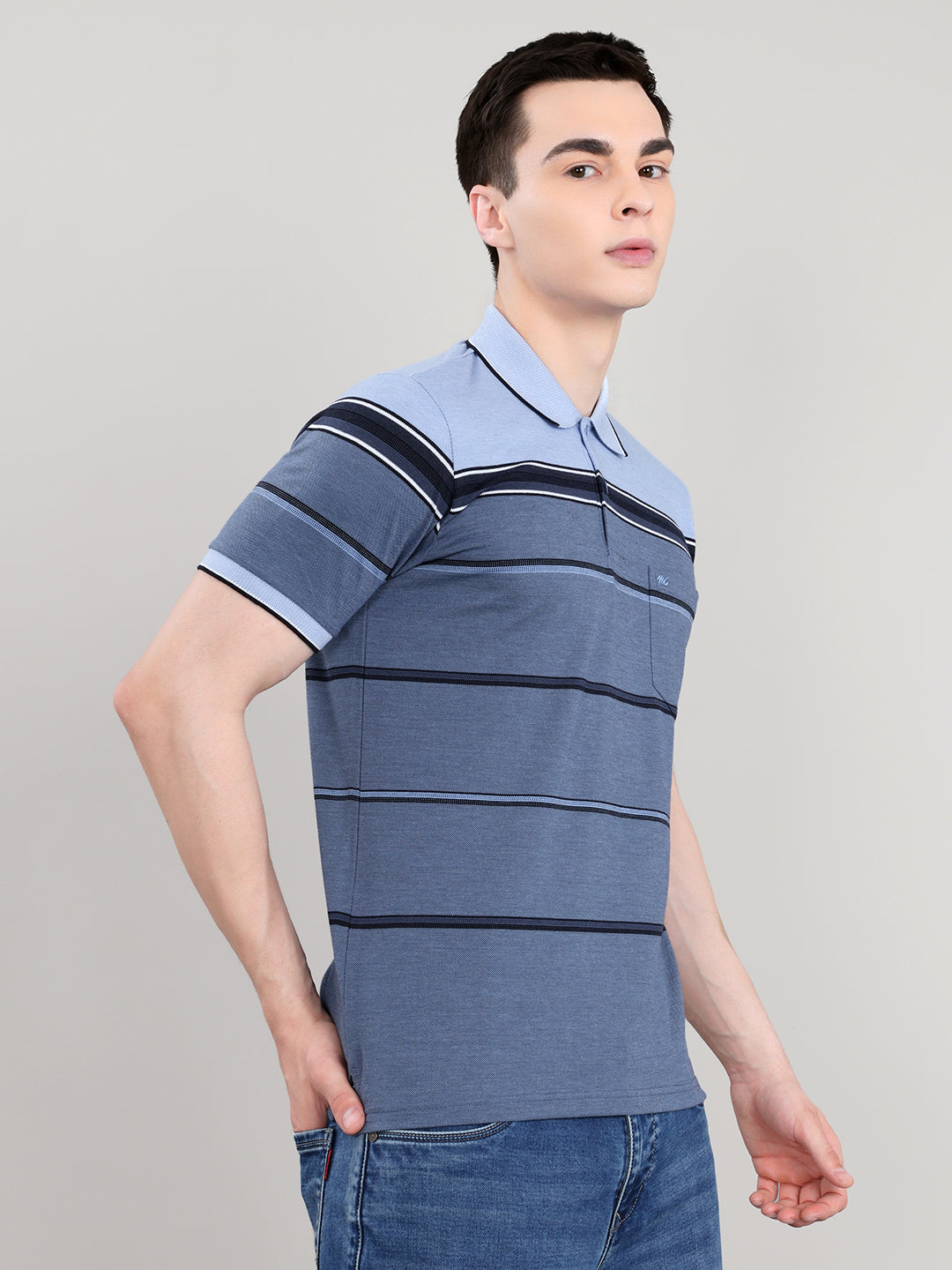 Men Blue Stripe Collar Half Sleeve T-Shirt