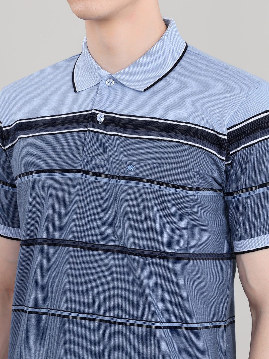Men Blue Stripe Collar Half Sleeve T-Shirt