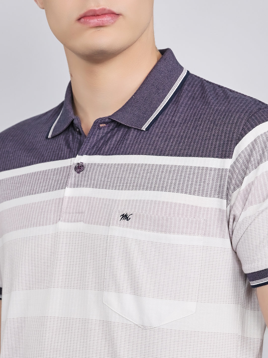Men Purple Stripe Collar Half Sleeve T-Shirt