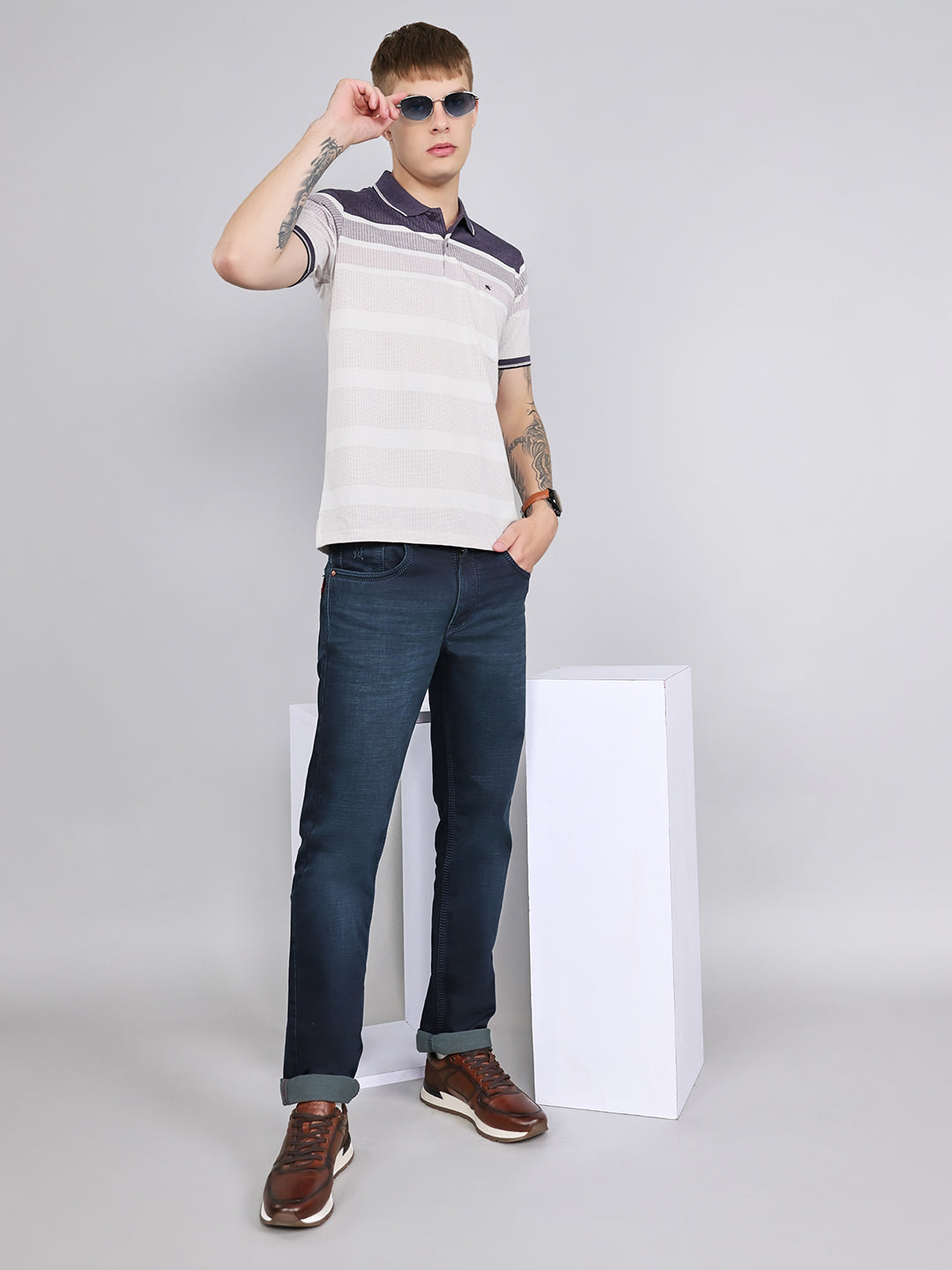 Men Purple Stripe Collar Half Sleeve T-Shirt