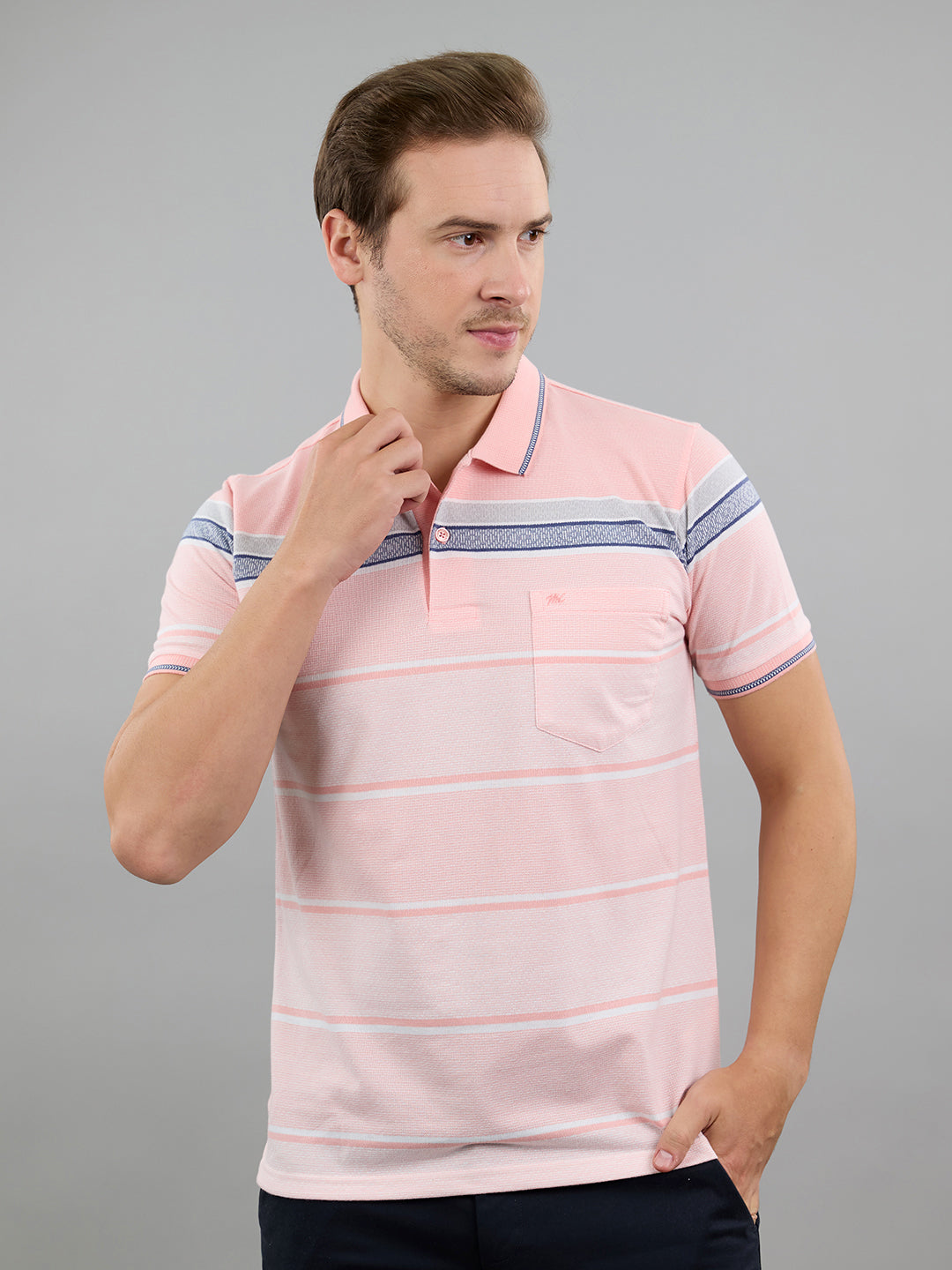Men Pink Stripe Polo Collar Half Sleeve T-Shirt