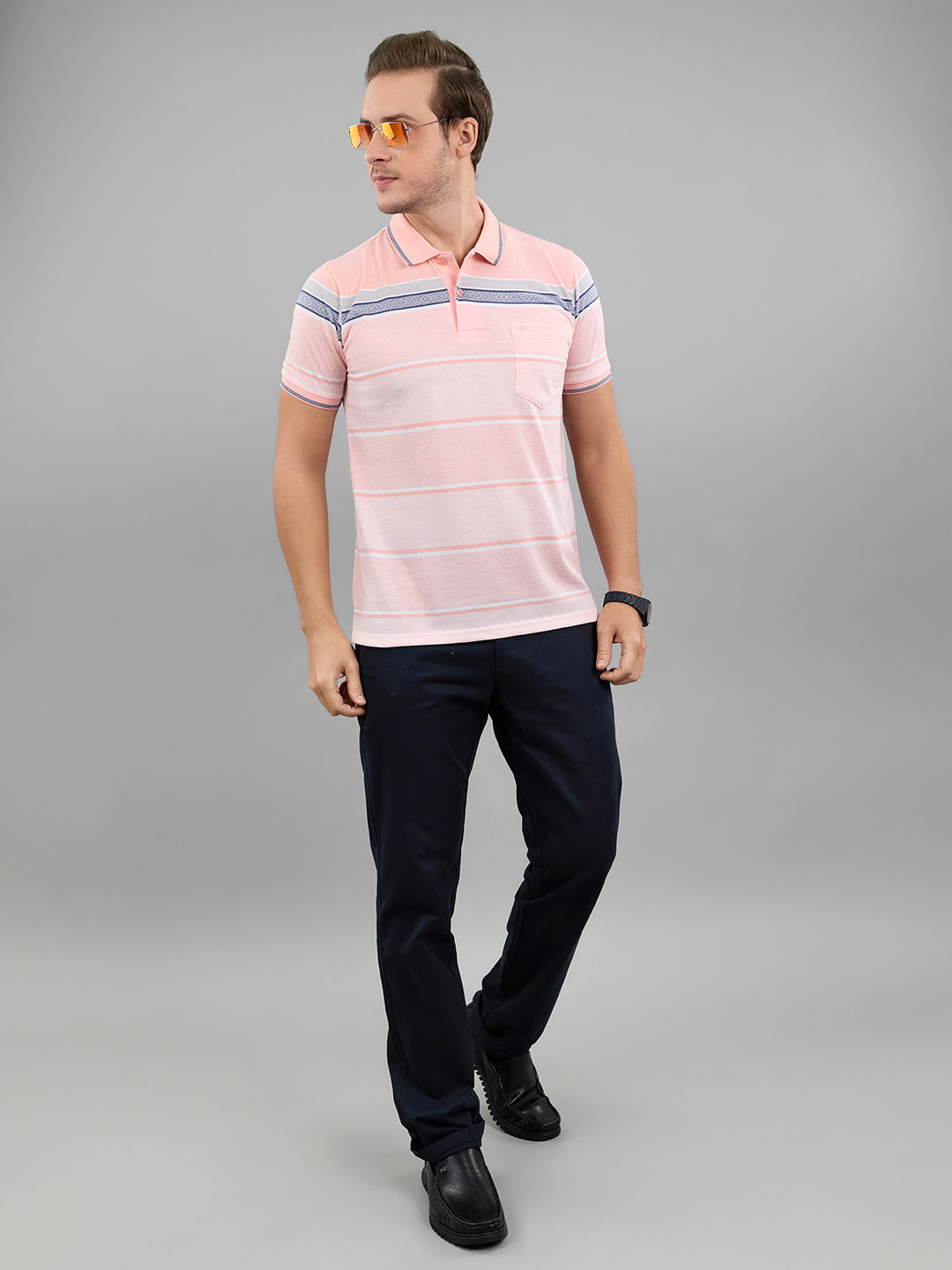Men Pink Stripe Polo Collar Half Sleeve T-Shirt