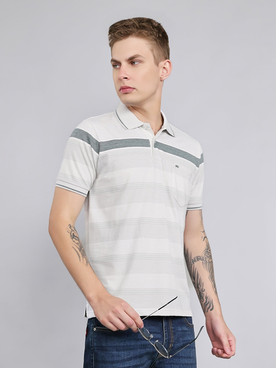 Men Grey Stripe Collar Half Sleeve T-Shirt