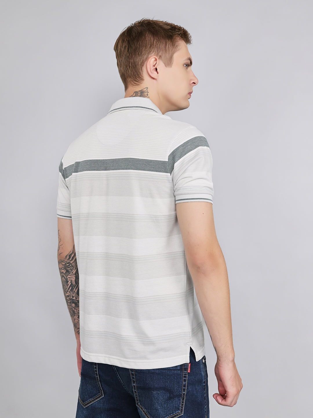 Men Grey Stripe Collar Half Sleeve T-Shirt