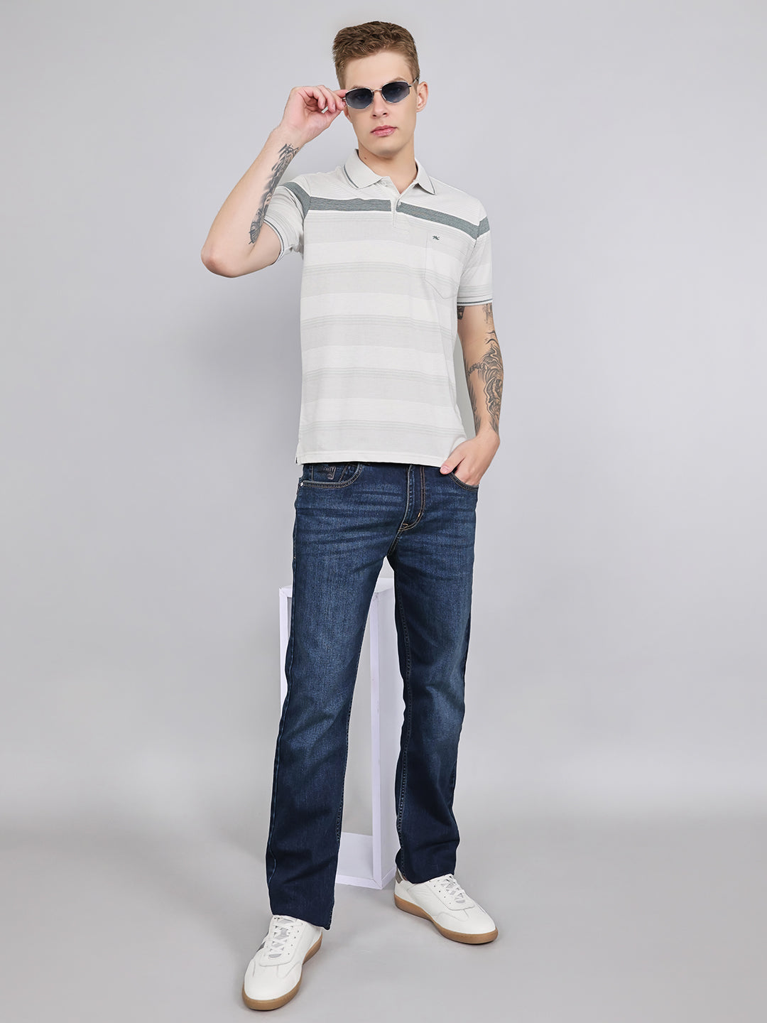 Men Grey Stripe Collar Half Sleeve T-Shirt