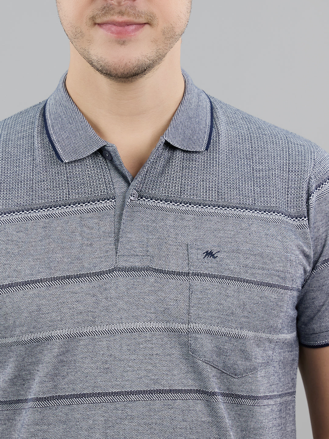 Men Navy Blue Stripe Polo Collar Half Sleeve T-Shirt