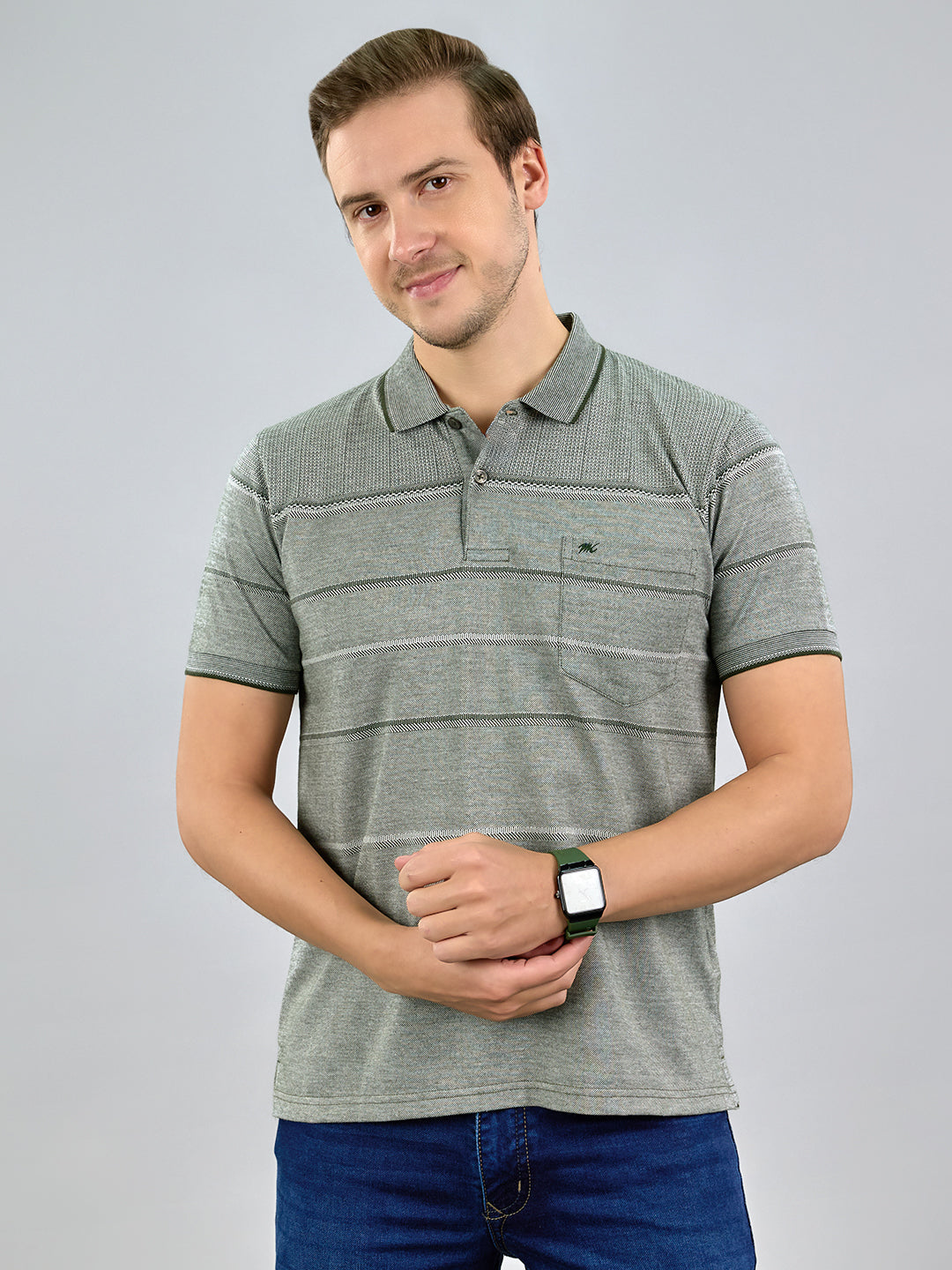 Men Olive Stripe Polo Collar Half Sleeve T-Shirt