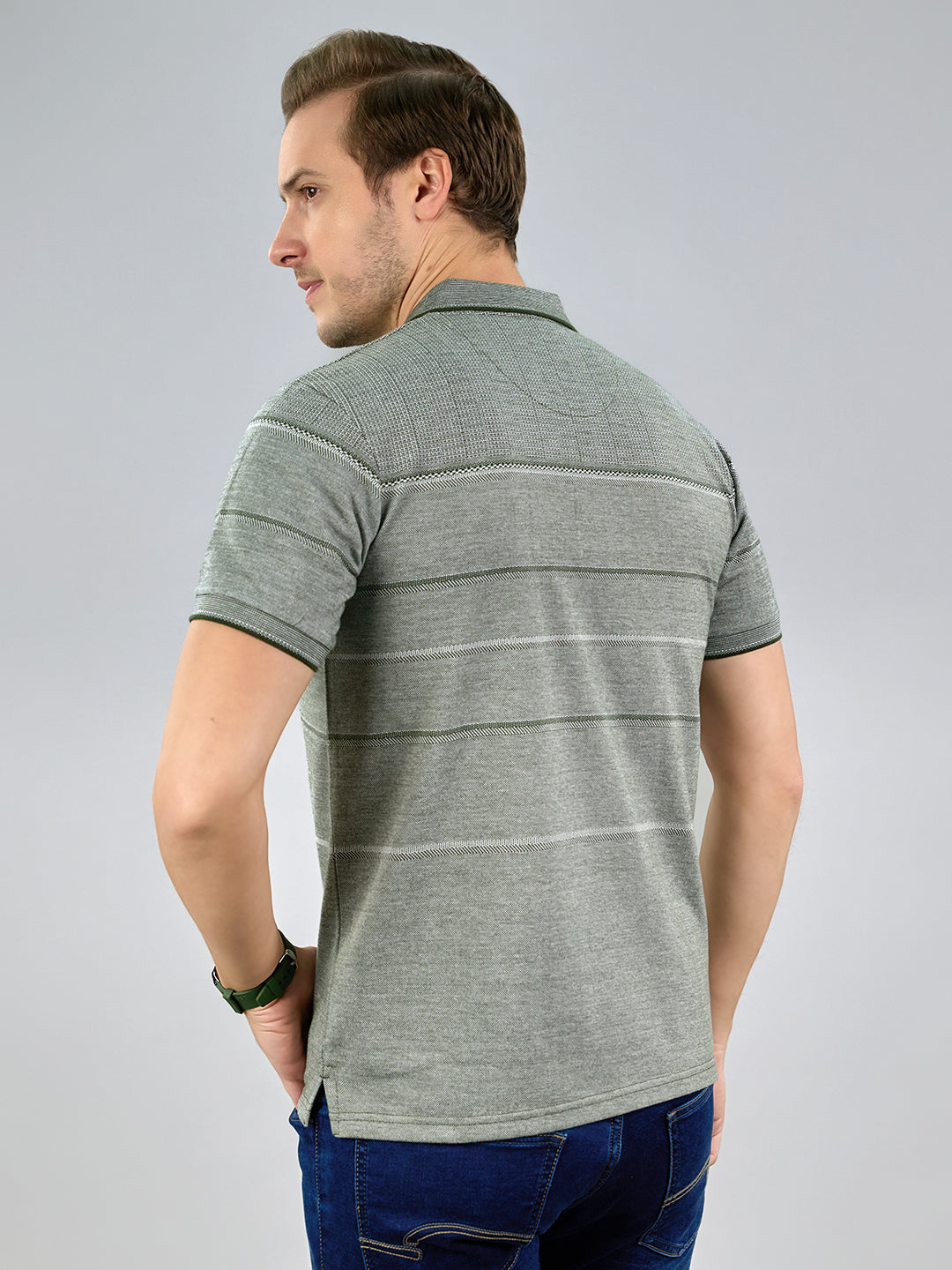 Men Olive Stripe Polo Collar Half Sleeve T-Shirt