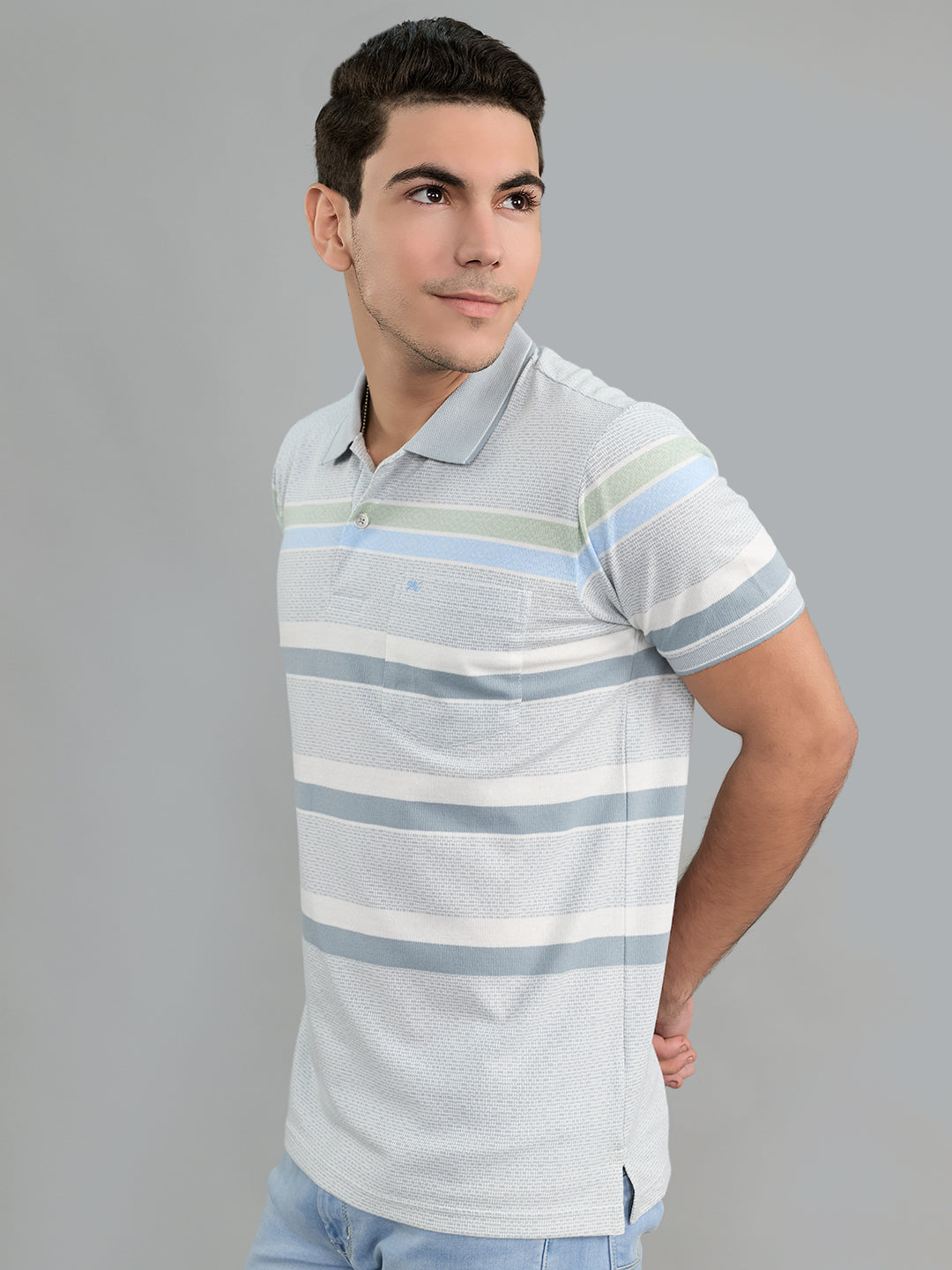 Men Grey Stripe Polo Collar Half Sleeve T-Shirt