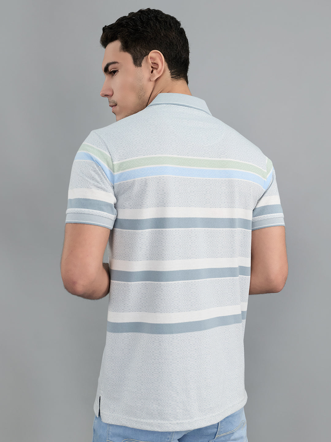 Men Grey Stripe Polo Collar Half Sleeve T-Shirt