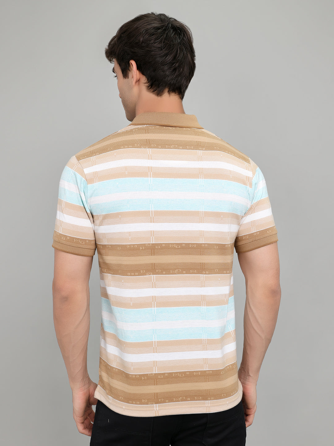 Men Brown Stripe Collar Half Sleeve T-Shirt