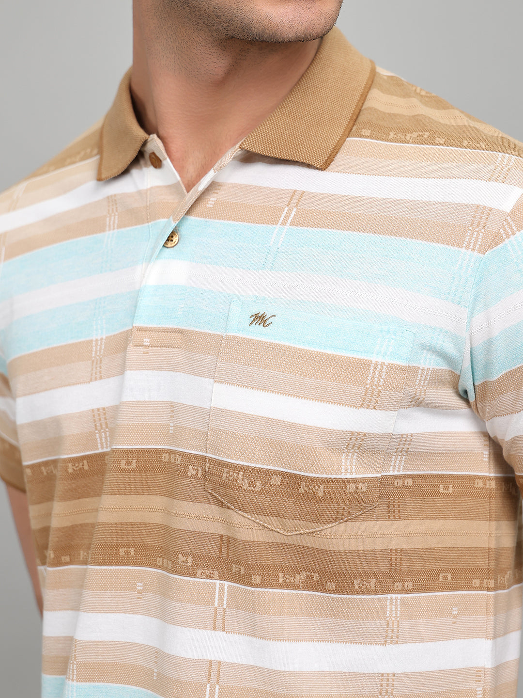 Men Brown Stripe Collar Half Sleeve T-Shirt