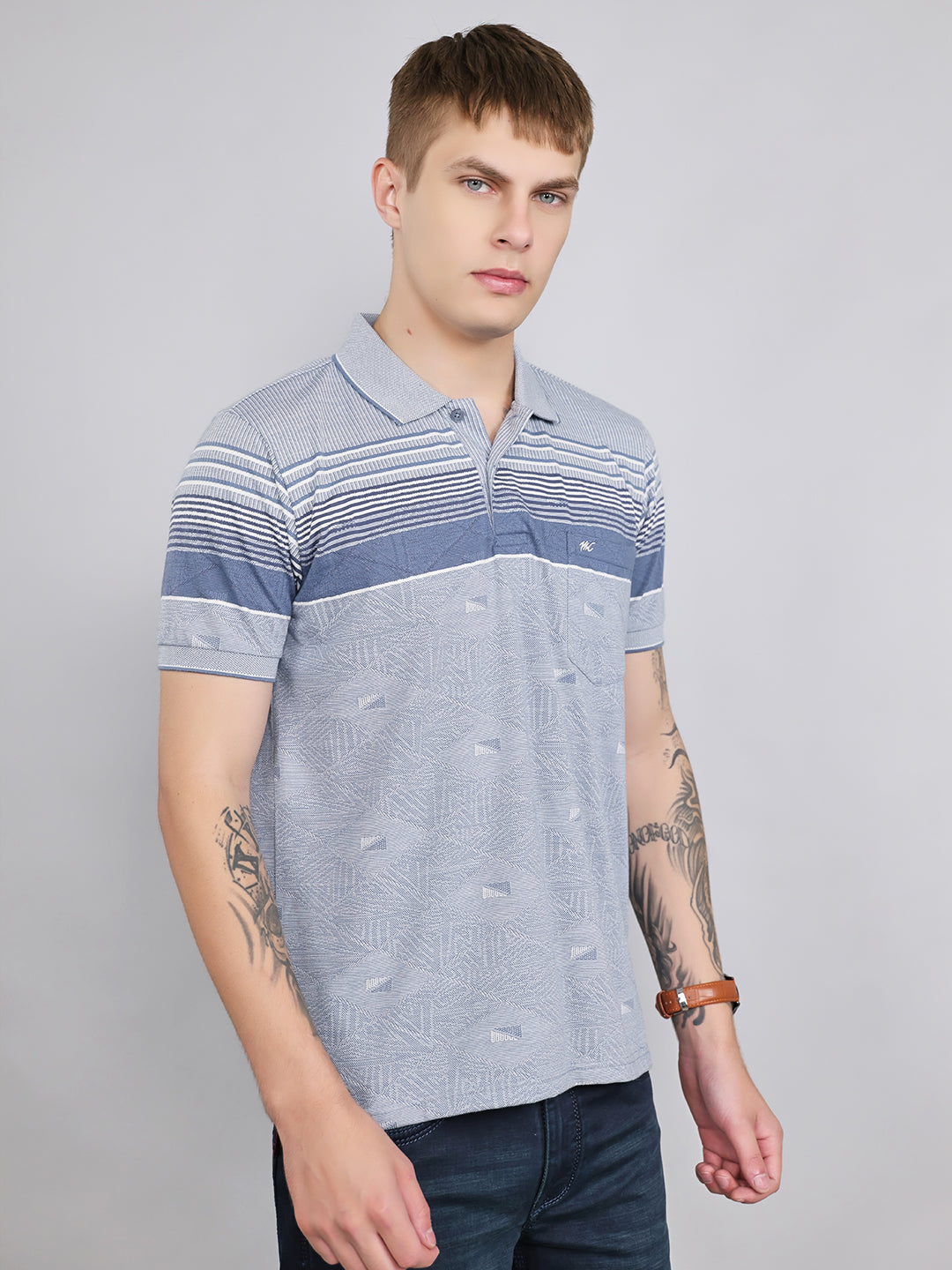 Men Grey Stripe Collar Half Sleeve T-Shirt