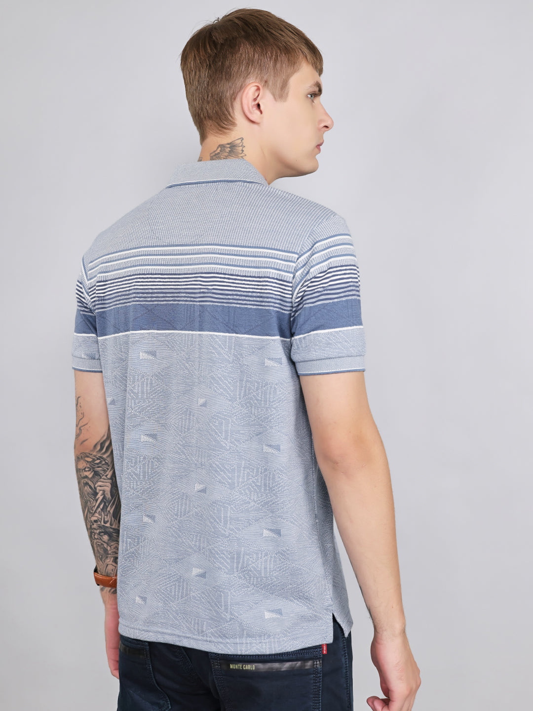 Men Grey Stripe Collar Half Sleeve T-Shirt