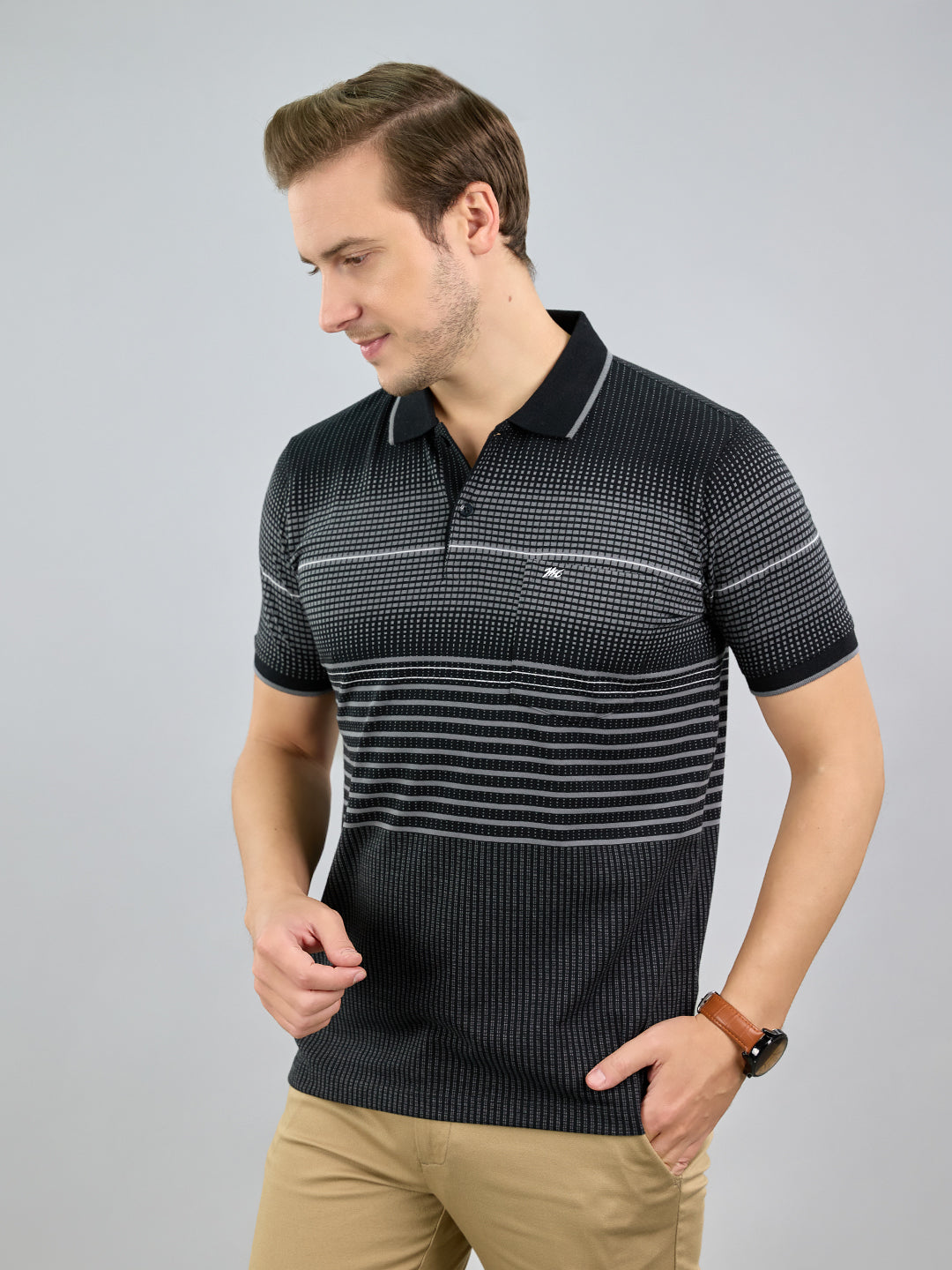 Men Black Stripe Polo Collar Half Sleeve T-Shirt