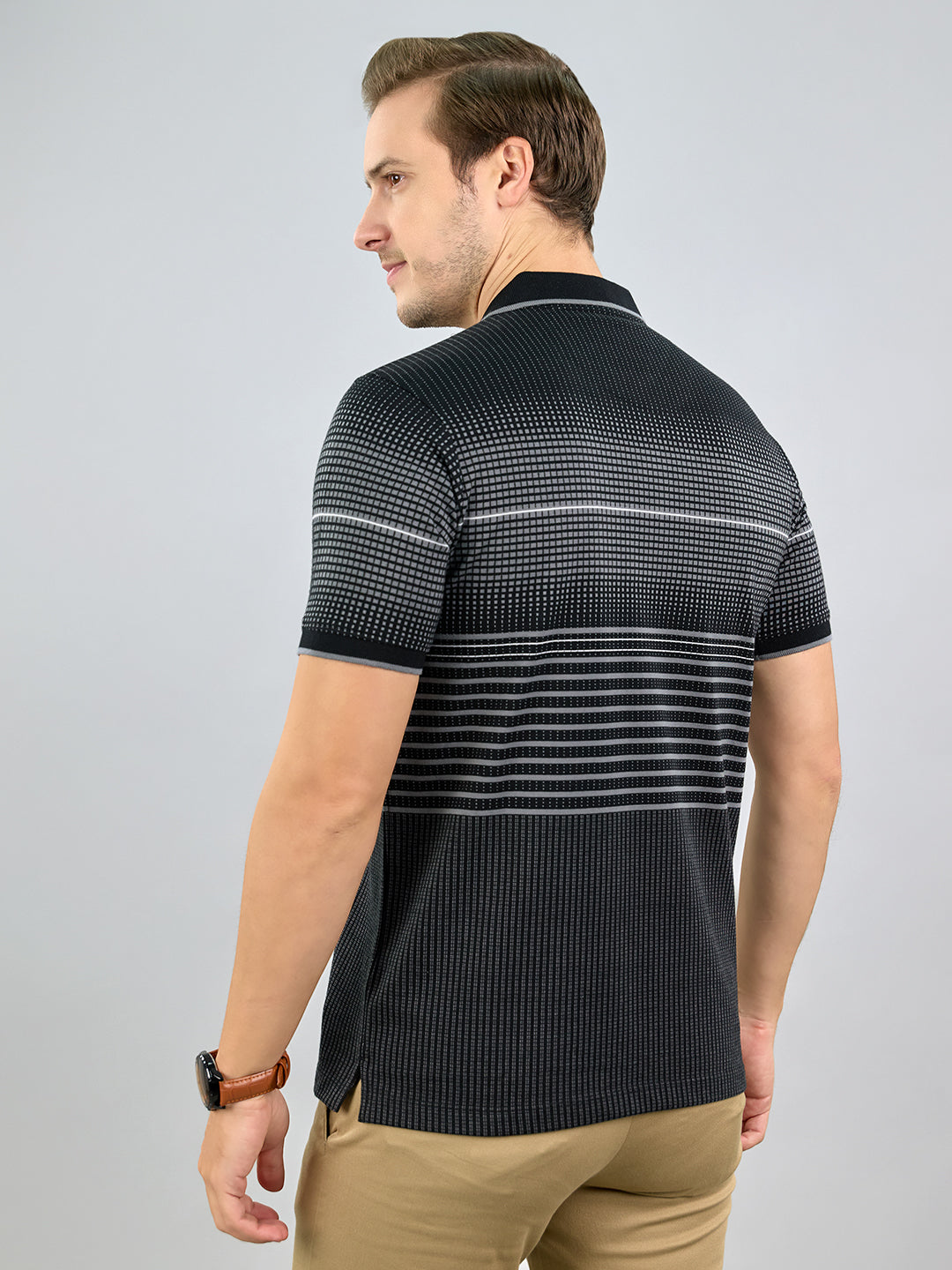 Men Black Stripe Polo Collar Half Sleeve T-Shirt