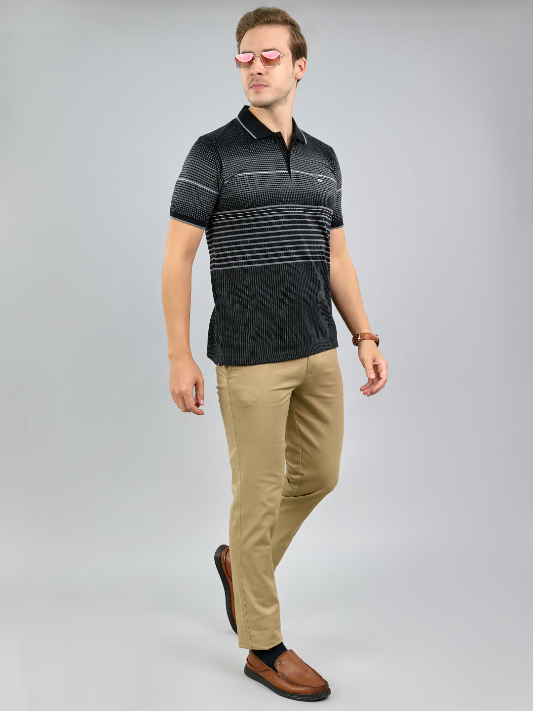 Men Black Stripe Polo Collar Half Sleeve T-Shirt