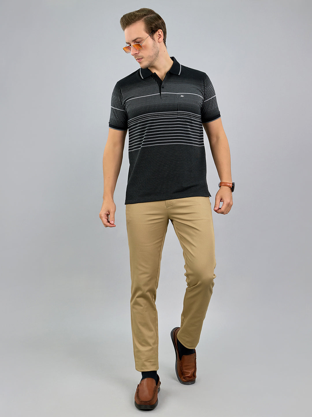 Men Black Stripe Polo Collar Half Sleeve T-Shirt