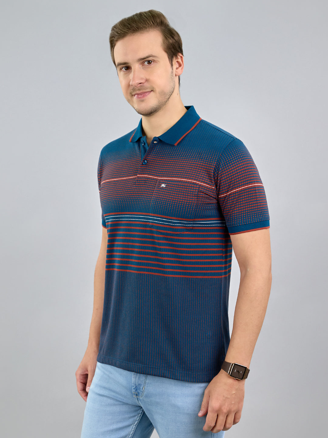 Men Teal Blue Stripe Polo Collar Half Sleeve T-Shirt
