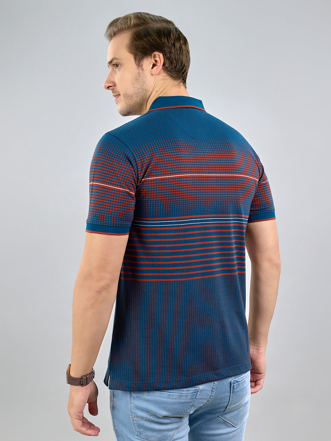 Men Teal Blue Stripe Polo Collar Half Sleeve T-Shirt