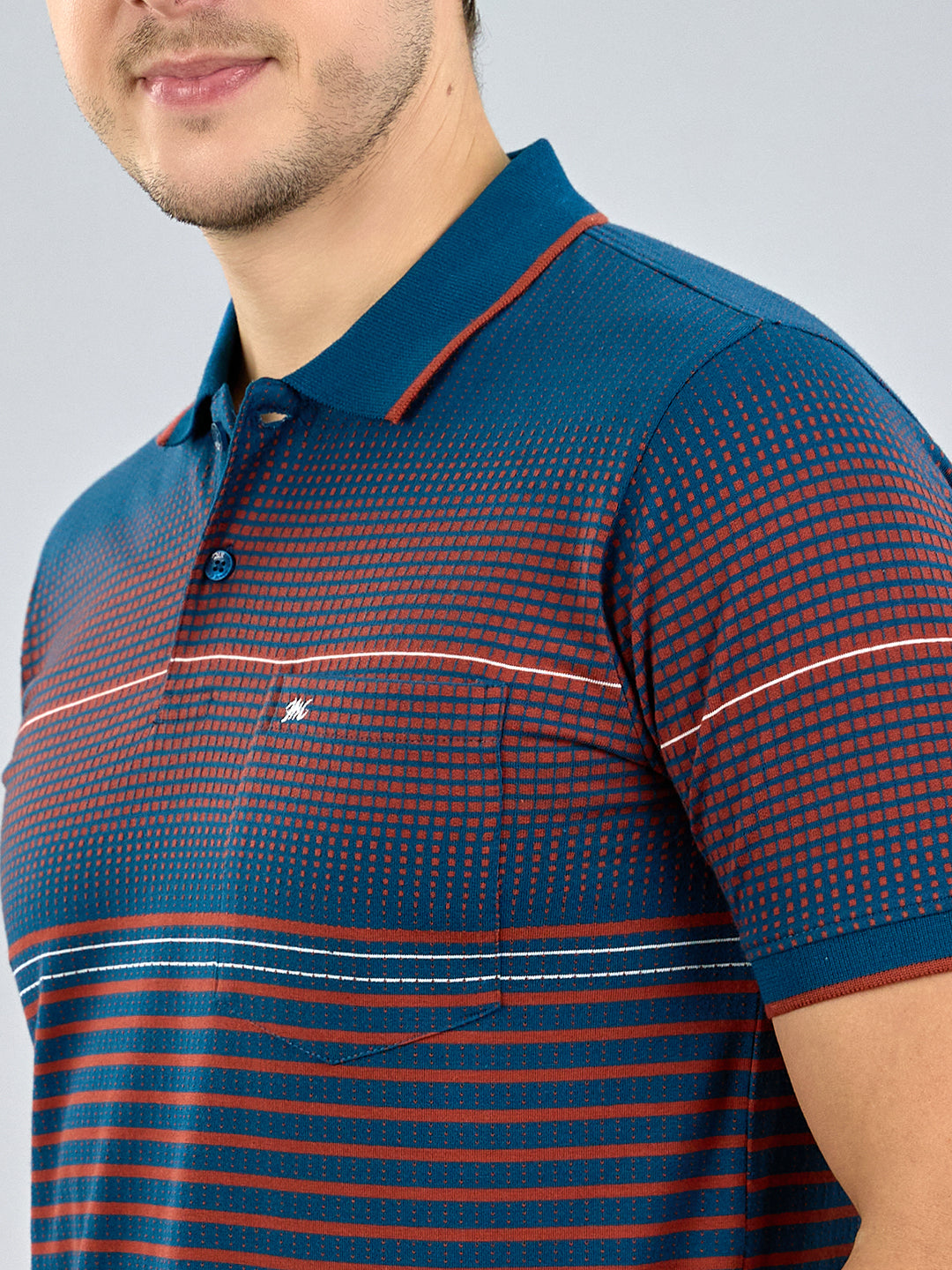 Men Teal Blue Stripe Polo Collar Half Sleeve T-Shirt